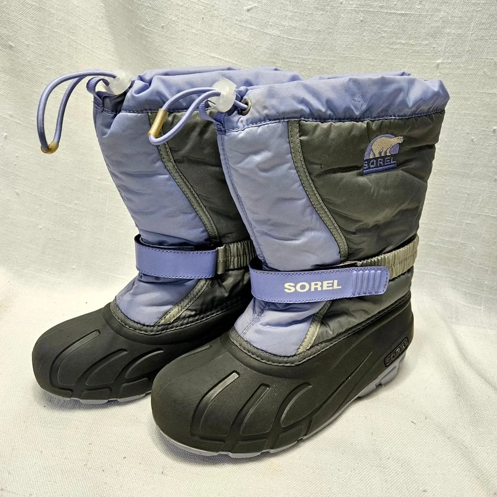 Sorel Flurry Snow Boots‎ Youth 1 Gray Purple Waterproof Insulated Winter Kids